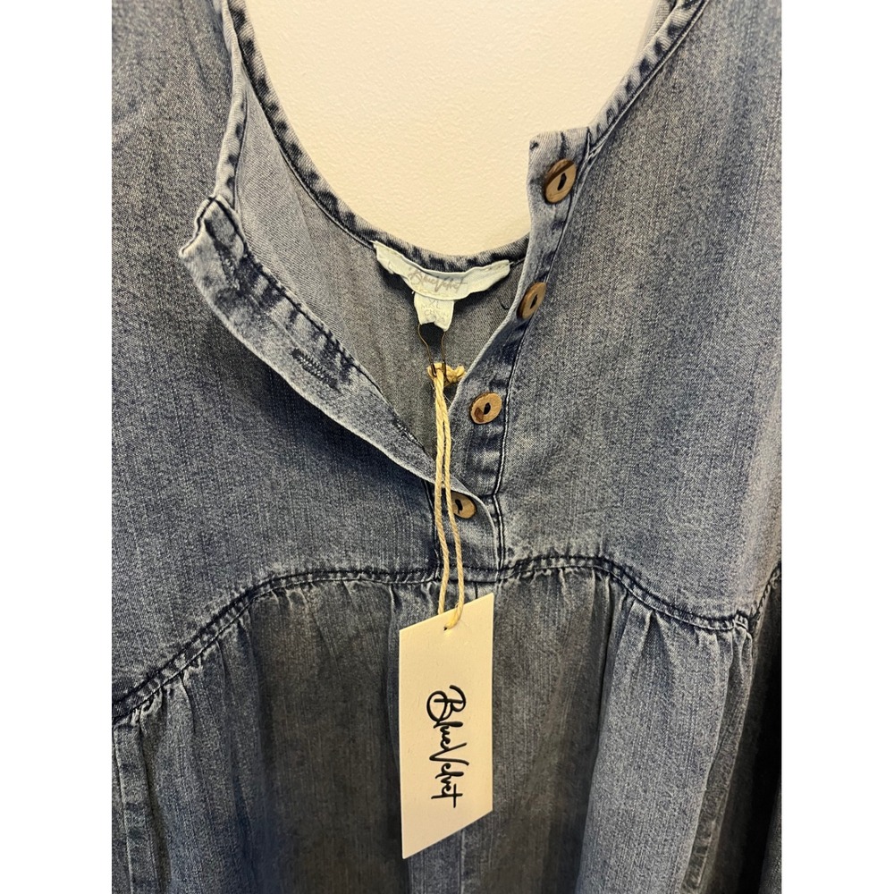 Blue Velvet Acid Wash Tiered Wide Leg Jumpsuit Blue Sleeveless Henley Boho XL - Picture 3 of 6